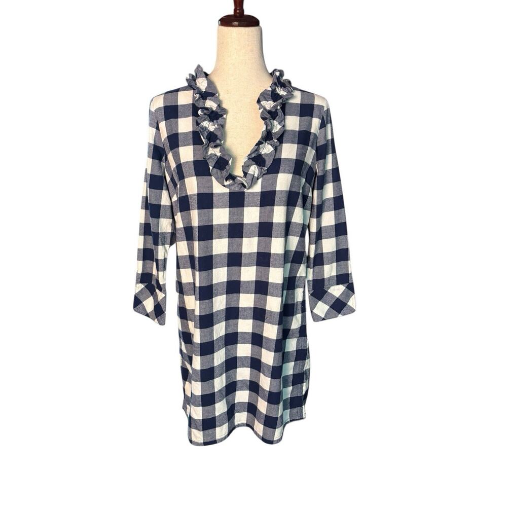 Vineyard Vines Navy Blue White Plaid Knit 3/4 Sleeve Ruffle Shift Dress Size 4